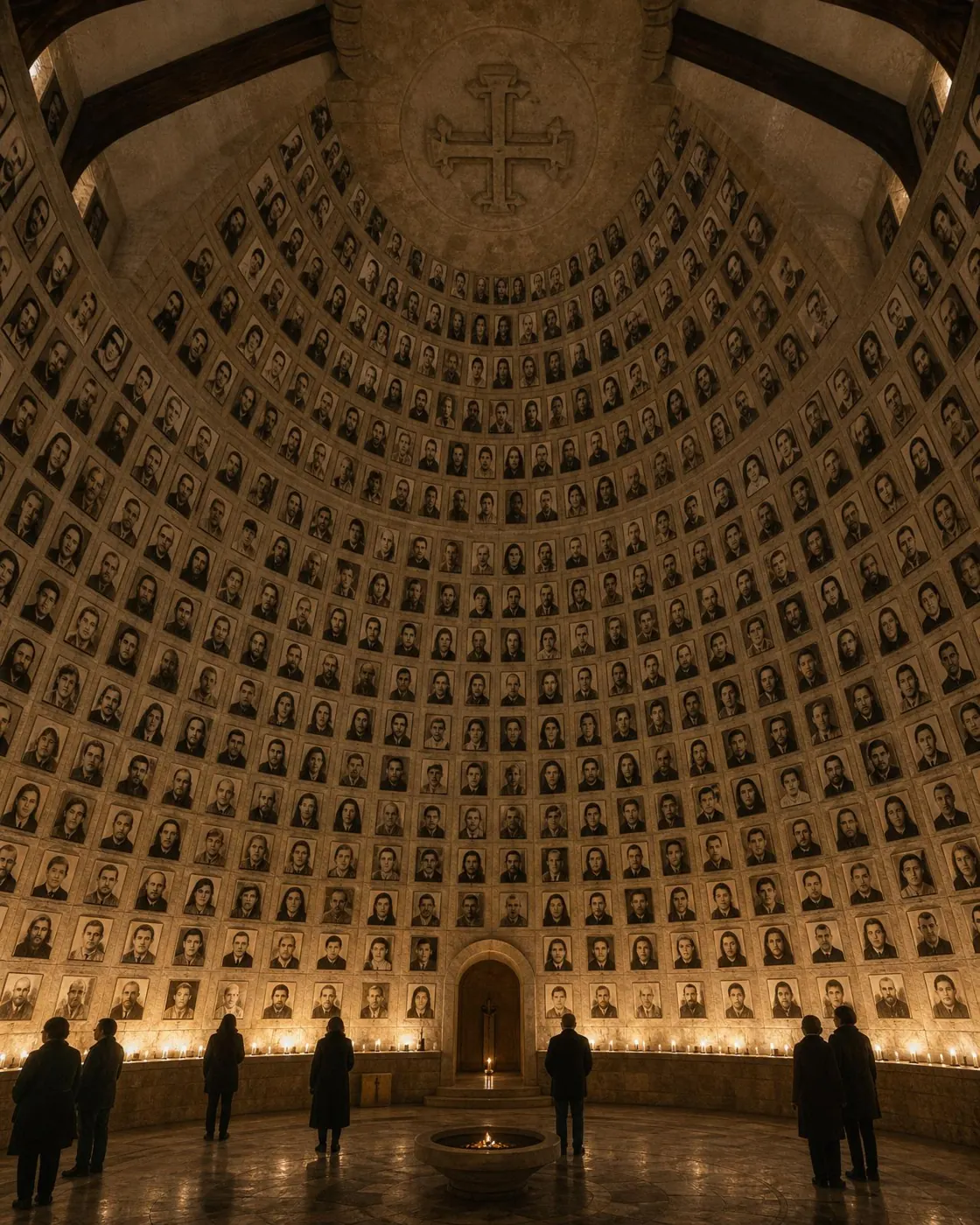 A domed memorial hall with concentric rings of sepia portraits of Lebanese villagers, a simple Maronite cross carved at the apex, and mourners standing with candles below.