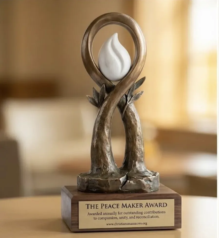 The Peace Maker Award — a bronze sculpture of two intertwined olive trees cradling a white flame, mounted on a walnut base with an engraved plaque.