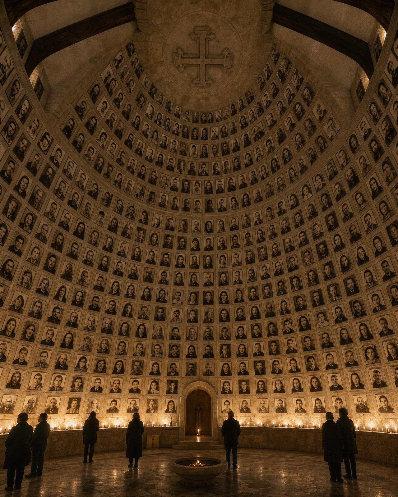 A domed memorial hall with concentric rings of sepia portraits of Lebanese villagers, a simple Maronite cross carved at the apex, and mourners standing with candles below.